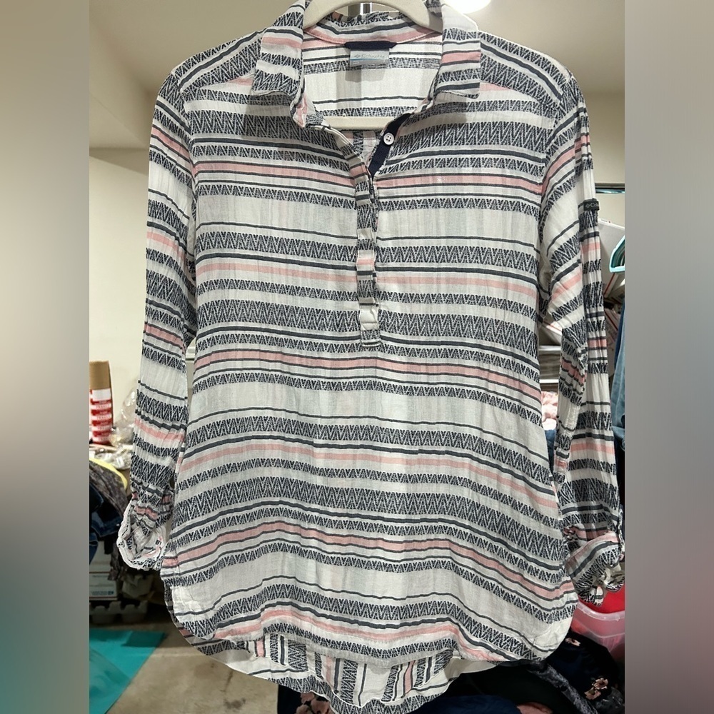 Columbia Striped Tunic Top Small | Blue Pink Boho Lightweight Blouse - Picture 4 of 10
